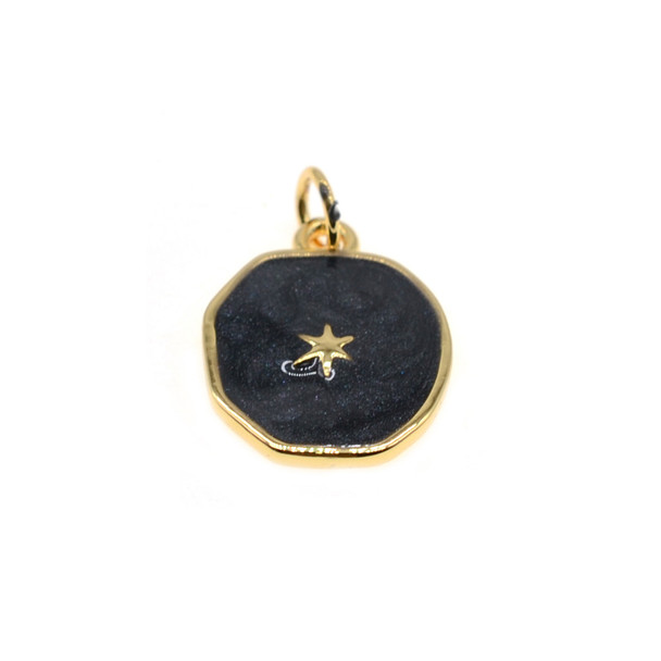 13x15mm Enamel One Side Hexagon Black Pearl Star Charm (Gold Plated) - 2/Pack