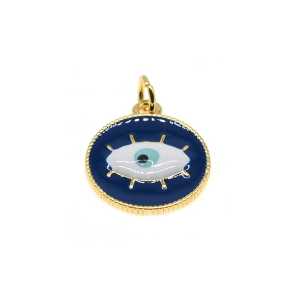 15mm Enamel One Side Blue Evil Eye Coin Charm (Gold Plated) - 2/Pack