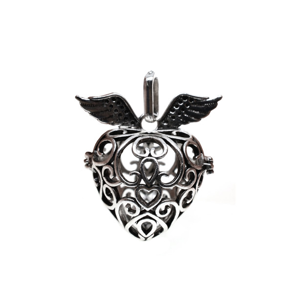 Wings Heart Shaped Aromatherapy Locket 32mm x 36mm - Antique Silver Color (2/Pack)