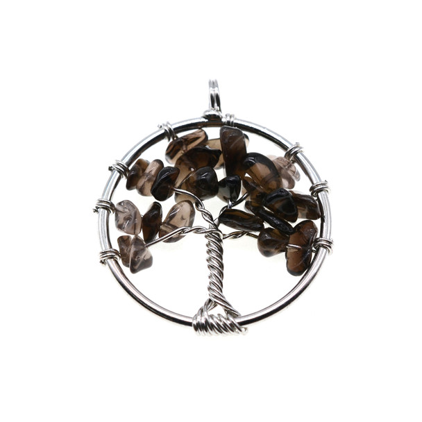 Tree of Life Wire Wrapping Stone Pendant Part 28mm - Smokey Quartz