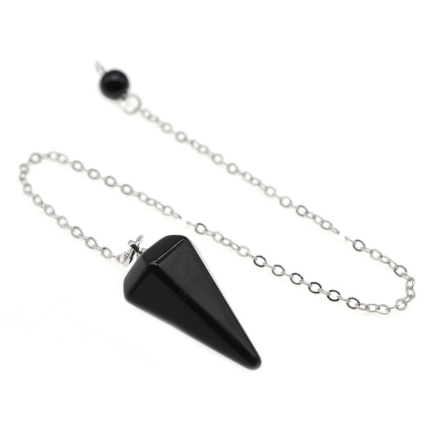 Stone Dowsing Pendulum Pendant with Chain 16x34mm (7 inch chain) -  Black Obsidian (Pure Black)