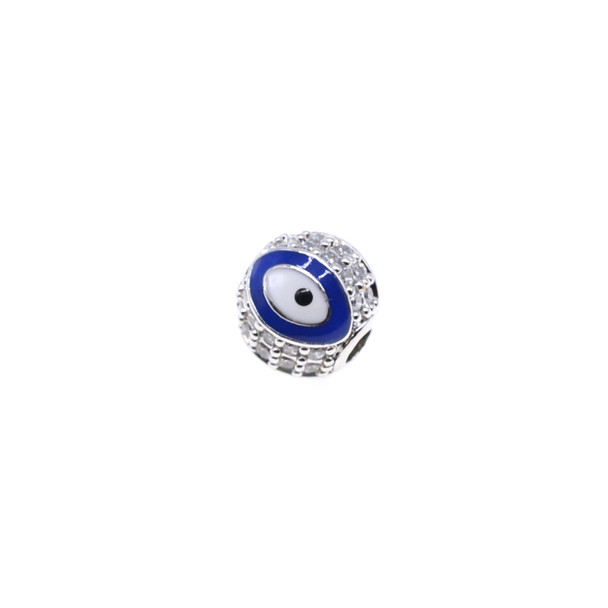 8mm Enamel Microset White CZ Evil Eye Round Beads - Dark Blue (Rhodium Plated) - 2/Pack