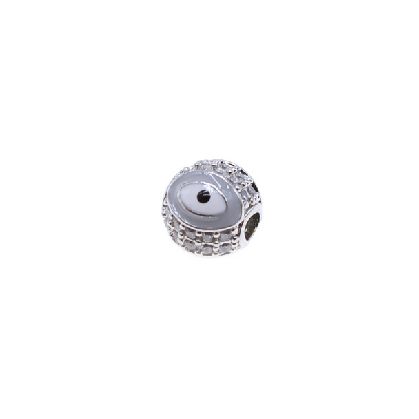 8mm Enamel Microset White CZ Evil Eye Round Beads - Grey (Rhodium Plated) - 2/Pack