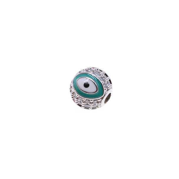 8mm Enamel Microset White CZ Evil Eye Round Beads - Green (Rhodium Plated) - 2/Pack