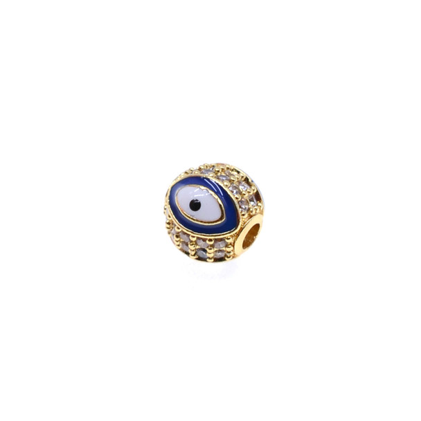 8mm Enamel Microset White CZ Evil Eye Round Beads - Dark Blue (Gold Plated) - 2/Pack
