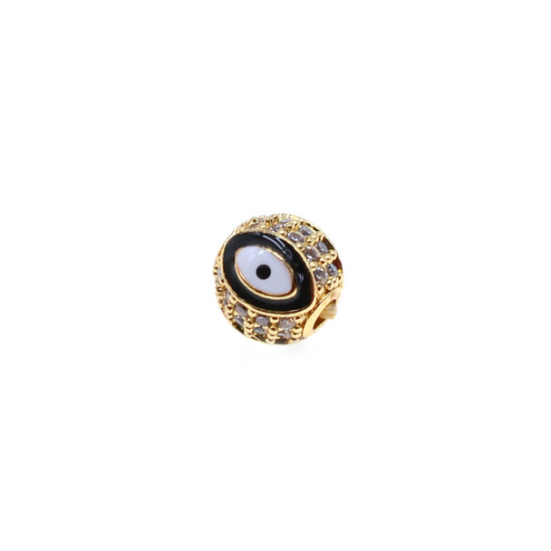 8mm Enamel Microset White CZ Evil Eye Round Beads - Black (Gold Plated) - 2/Pack