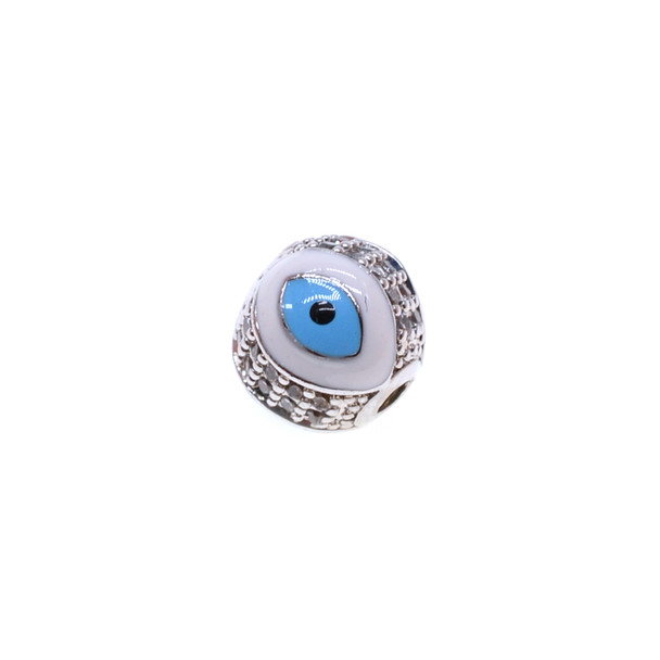 10mm Enamel Microset White CZ Evil Eye Round Beads - Classic (Rhodium Plated) - 2/Pack