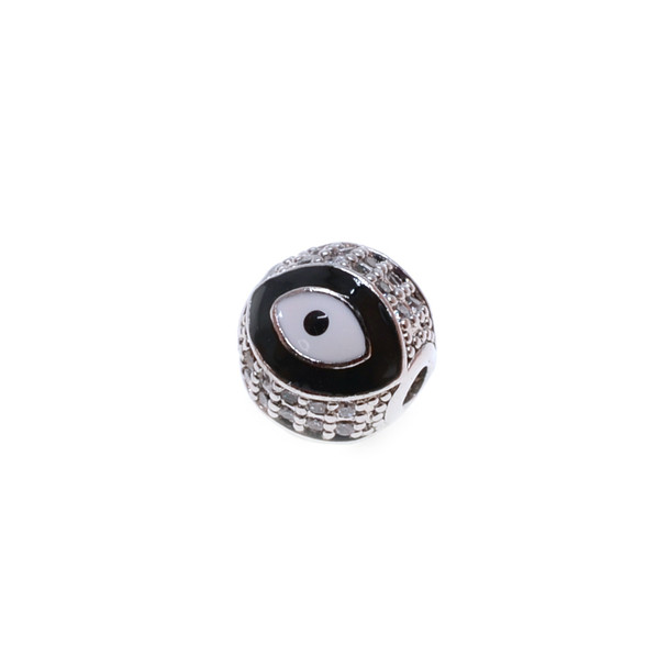 10mm Enamel Microset White CZ Evil Eye Round Beads - Black (Rhodium Plated) - 2/Pack