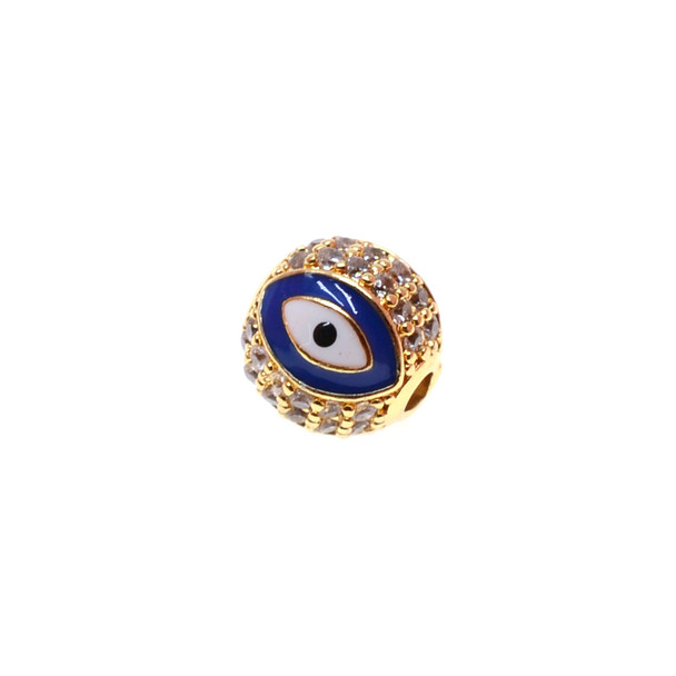 10mm Enamel Microset White CZ Evil Eye Round Beads - Dark Blue (Gold Plated) - 2/Pack