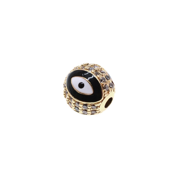 10mm Enamel Microset White CZ Evil Eye Round Beads - Black (Gold Plated) - 2/Pack