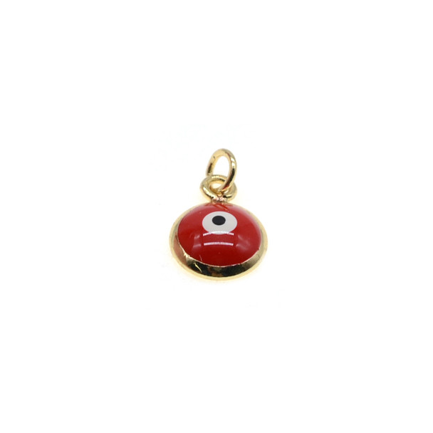 8mm Enamel Evil Eye Round Charm - Red (Gold Plated) - 4/Pack