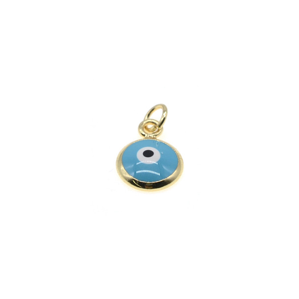8mm Enamel Evil Eye Round Charm - Turquoise (Gold Plated) - 4/Pack