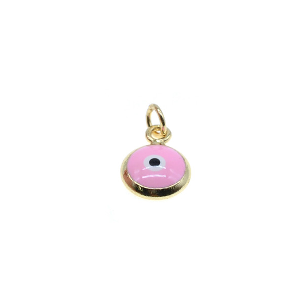 8mm Enamel Evil Eye Round Charm - Pink (Gold Plated) - 4/Pack