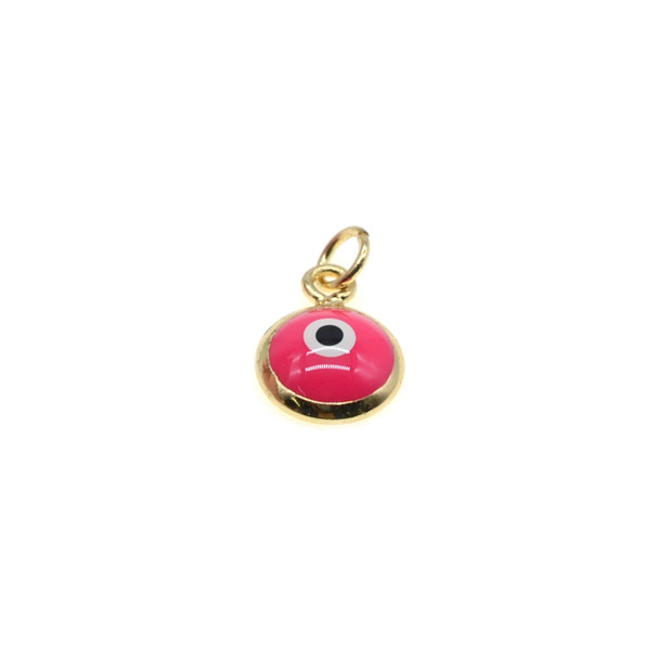 8mm Enamel Evil Eye Round Charm - Flo Pink (Gold Plated) - 4/Pack