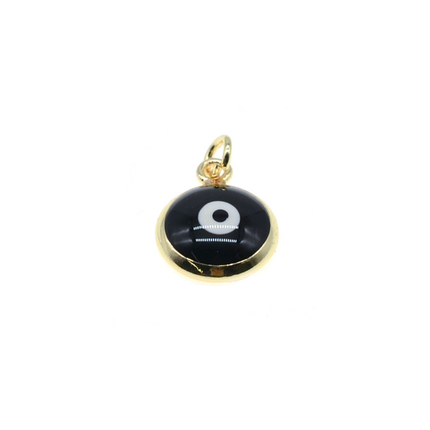 10mm Enamel Evil Eye Round Charm - Black (Gold Plated) - 4/Pack