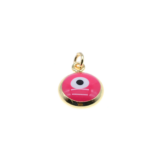 10mm Enamel Evil Eye Round Charm - Flo Pink (Gold Plated) - 4/Pack