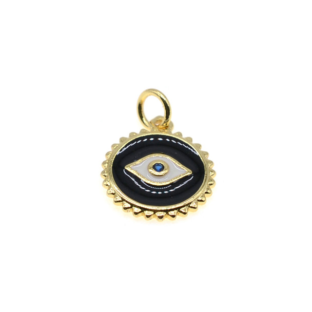 13mm Enamel Evil Eye Coin Charm - Black (Gold Plated) - 2/Pack
