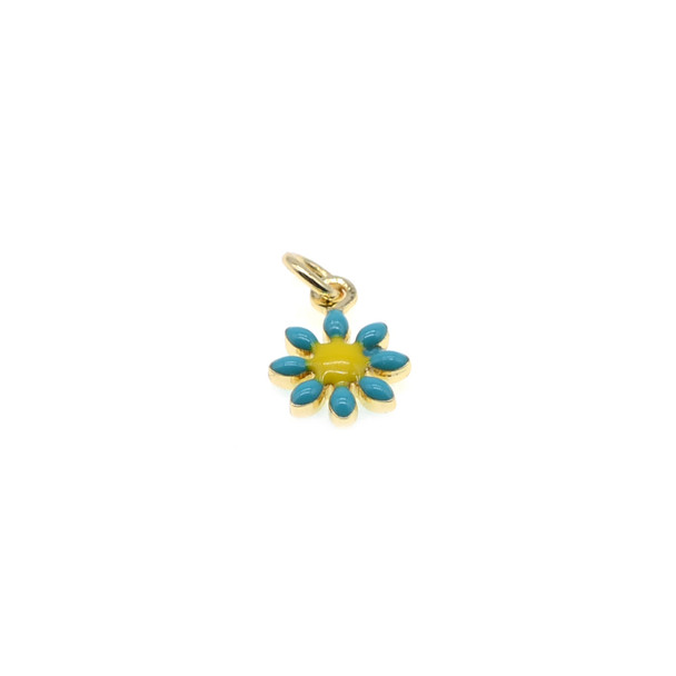 7mm Enamel Double Sided Mini Daisy Charm - Turquoise (Gold Plated) - 4/Pack