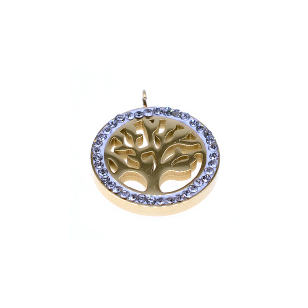 Stainless Steel Charm Circle Disc Tree of Life Pave 15mm - Gold