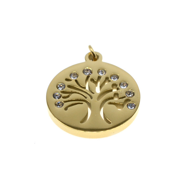 Stainless Steel Charm Coin Tree of Life with CZ 18mm - Gold