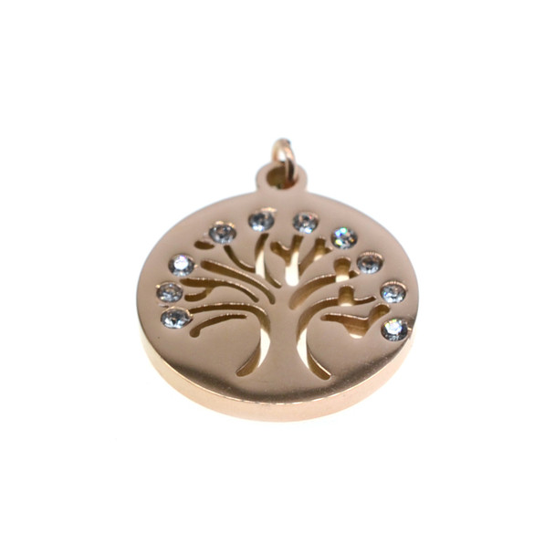 Stainless Steel Charm Coin Tree of Life with CZ 18mm - Rose Gold