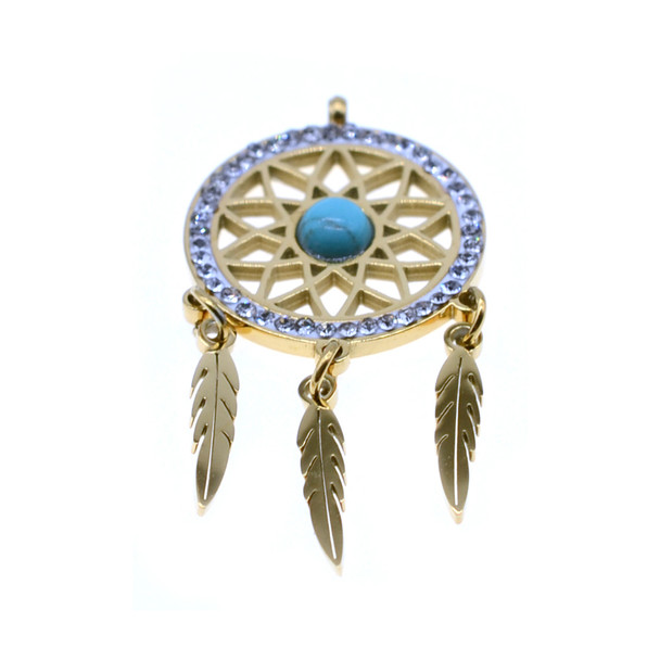 Stainless Steel Charm Dream Catcher Pave 16x32mm - Gold
