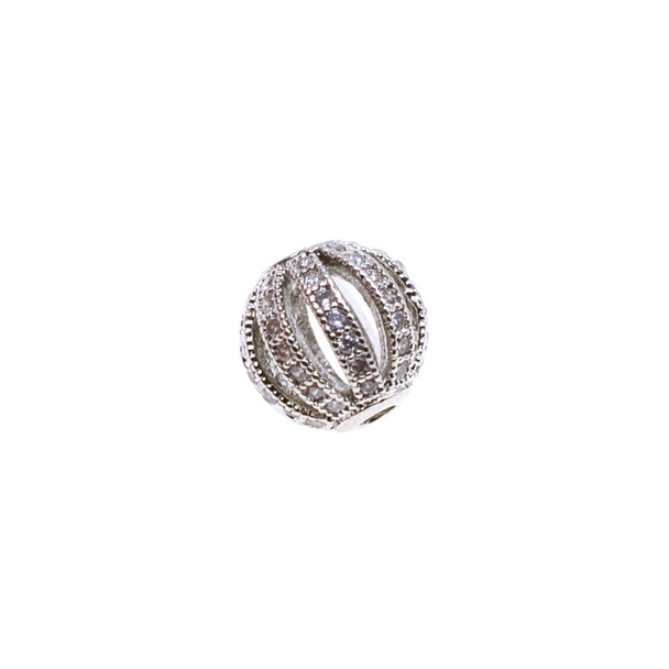 10mm Microset White CZ Round Design Beads (Rhodium Plated)