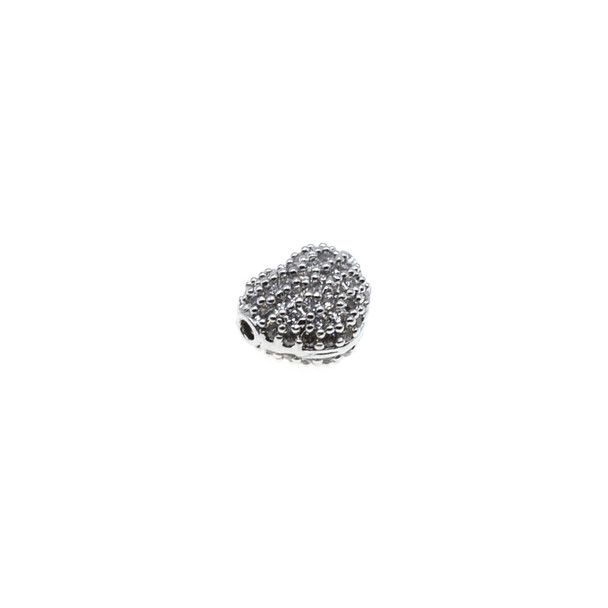 7mm x 8mm Microset White CZ Double Sided Heart Puff Bead (Rhodium Plated)