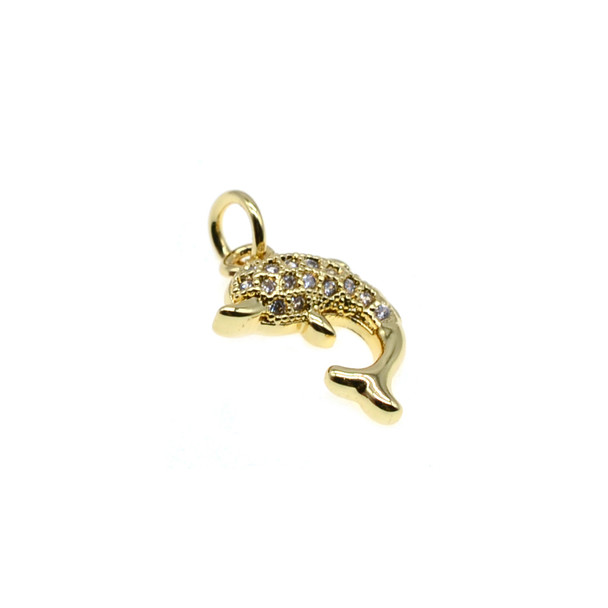 8mm x 16mm Microset White CZ Dolphin Charm (Gold Plated)