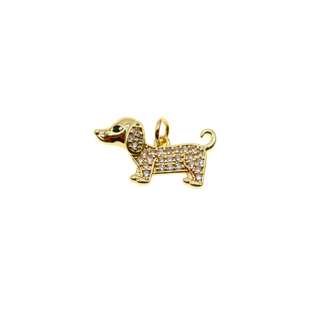 22mm x 12mm Microset White CZ Dachshund Dog Charm (Gold Plated) - 2/Pack