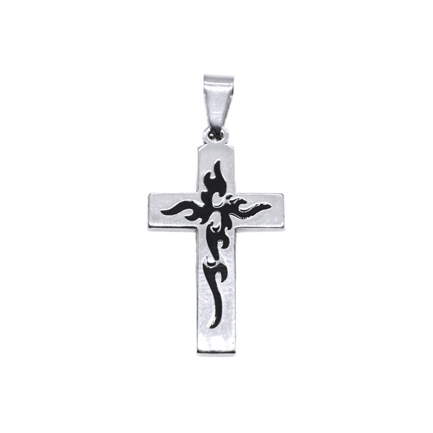 17x29mm Stainless Steel Flaming Cross Black Charm