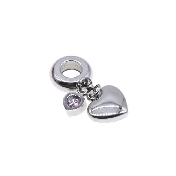 Stainless Steel Large Hole Bead Spacer with Puff Heart and Pink CZ Heart Charm 10mm + 10mm + 5mm (Pack of 2)
