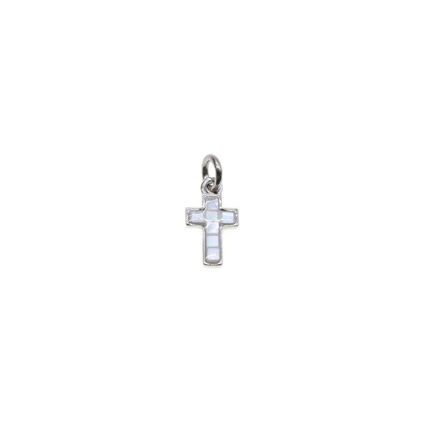 7x11mm Natural White MOP Shell Cross Charm - Rhodium Plated (Pack of 3)