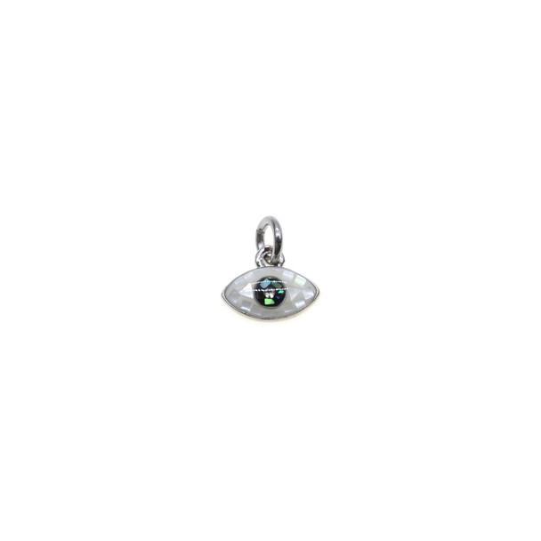 10x6mm Natural White MOP Shell Evil Eye Charm - Rhodium Plated (Pack of 3)