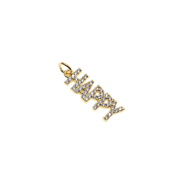 7x18mm Microset White CZ Word HAPPY Charm (Gold Plated) - 4/Pack