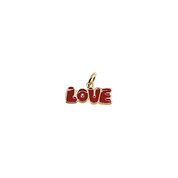 14x6mm Flat Enamel Word LOVE Charm - Red (Gold Plated) - 4/Pack