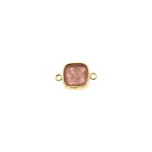 Square Gemstone Connector (Gold Plated) - 10mm - Strawberry Quartz