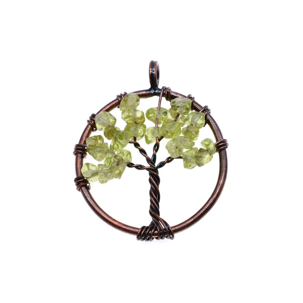 Tree of Life Antique Copper Wire Wrapping Stone Pendant Part 28mm - Peridot
