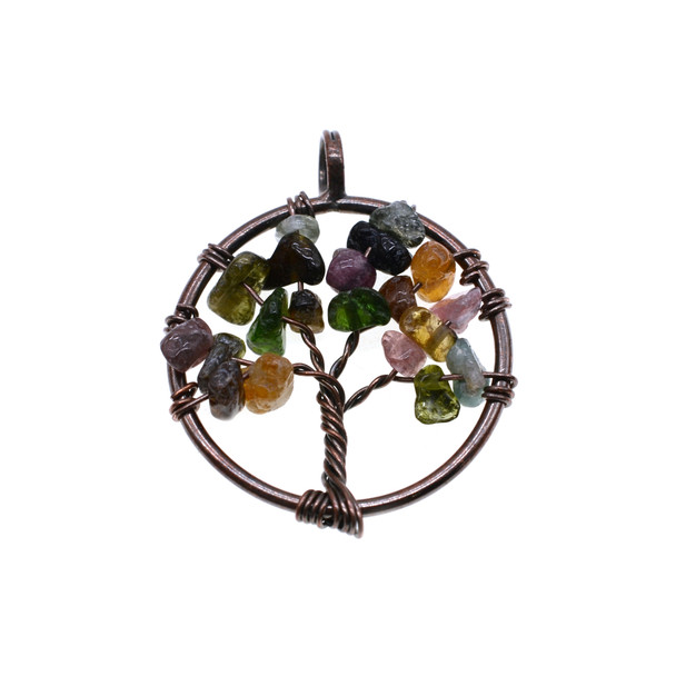 Tree of Life Antique Copper Wire Wrapping Stone Pendant Part 28mm - Multicolor Tourmaline