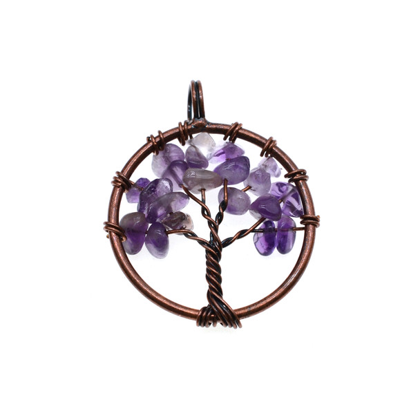 Tree of Life Antique Copper Wire Wrapping Stone Pendant Part 28mm - Amethyst
