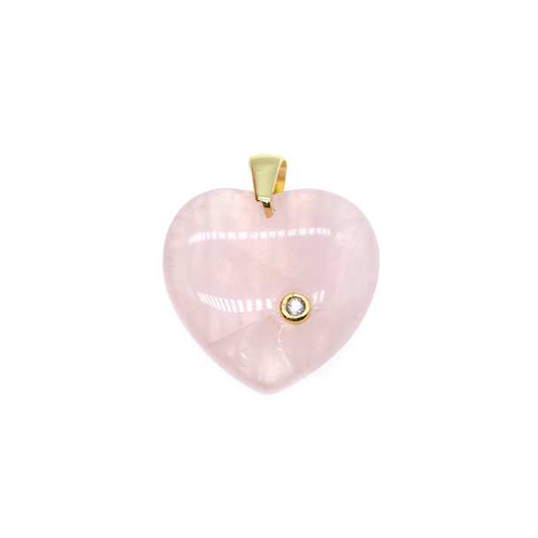 Heart with CZ Stone Pendant Part 22mm - Gold Plated - Rose Quartz