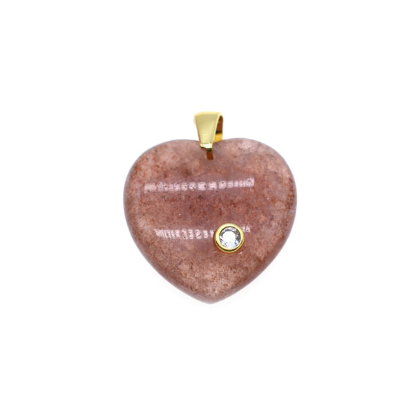 Heart with CZ Stone Pendant Part 22mm - Gold Plated - Strawberry Quartz