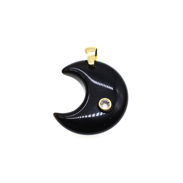 Moon with CZ Stone Pendant Part 23mm - Gold Plated - Black Obsidian (Pure Black)