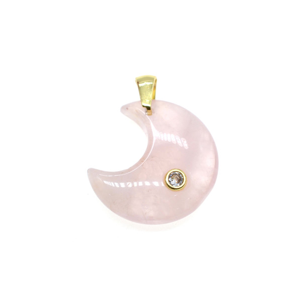 Moon with CZ Stone Pendant Part 23mm - Gold Plated - Rose Quartz