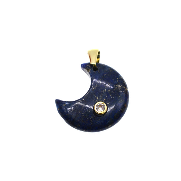 Moon with CZ Stone Pendant Part 23mm - Gold Plated - Natural Lapis