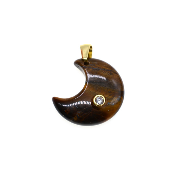 Moon with CZ Stone Pendant Part 23mm - Gold Plated - Tiger Eye