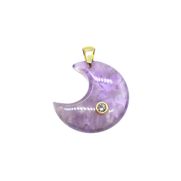 Moon with CZ Stone Pendant Part 23mm - Gold Plated - Amethyst
