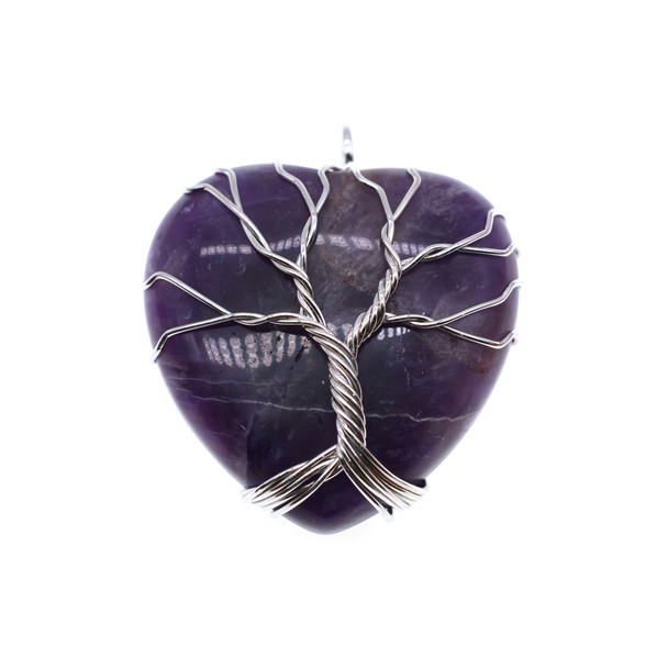 Tree of Life Wire Wrapping Heart Shape Stone Pendant Part 30mm - Amethyst
