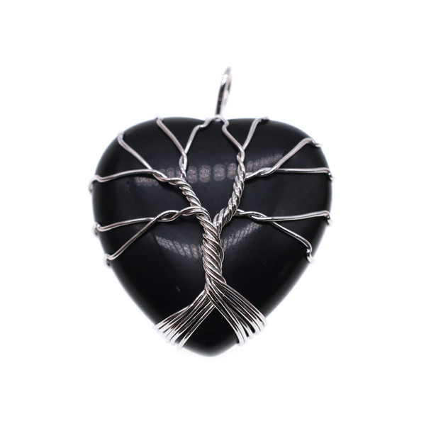 Tree of Life Wire Wrapping Heart Shape Stone Pendant Part 30mm - Black Obsidian (Pure Black)