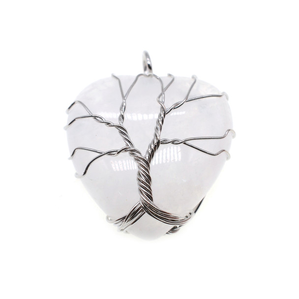 Tree of Life Wire Wrapping Heart Shape Stone Pendant Part 30mm - White Quartz